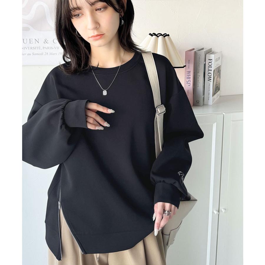 トップス Tシャツ レディース 袖口 ワンポイント 刺繍 アシメ ファスナー ラウンドネック ロンT 長袖 男女兼用 ユニセックス | classicalelf | 12