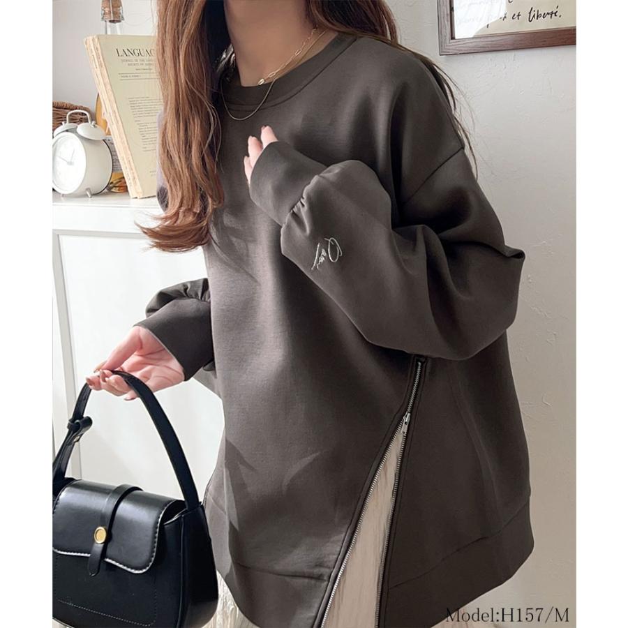 トップス Tシャツ レディース 袖口 ワンポイント 刺繍 アシメ ファスナー ラウンドネック ロンT 長袖 男女兼用 ユニセックス | classicalelf | 13