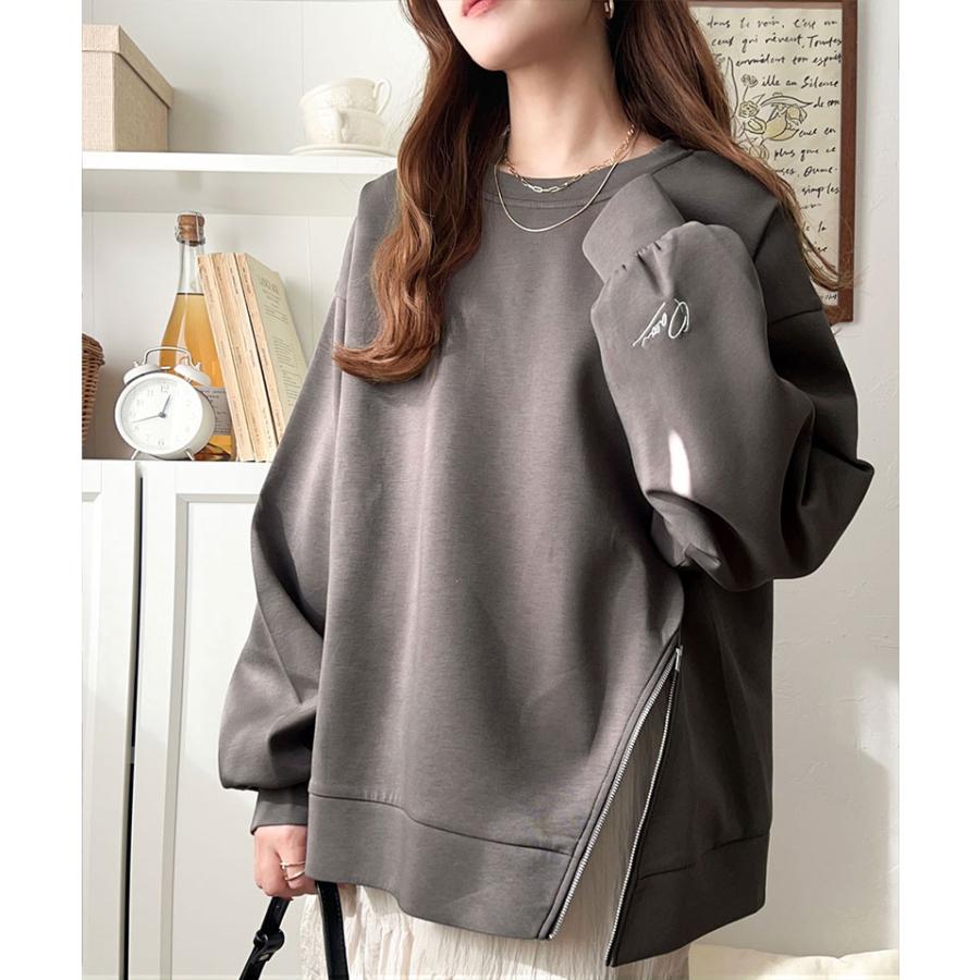 トップス Tシャツ レディース 袖口 ワンポイント 刺繍 アシメ ファスナー ラウンドネック ロンT 長袖 男女兼用 ユニセックス | classicalelf | 14