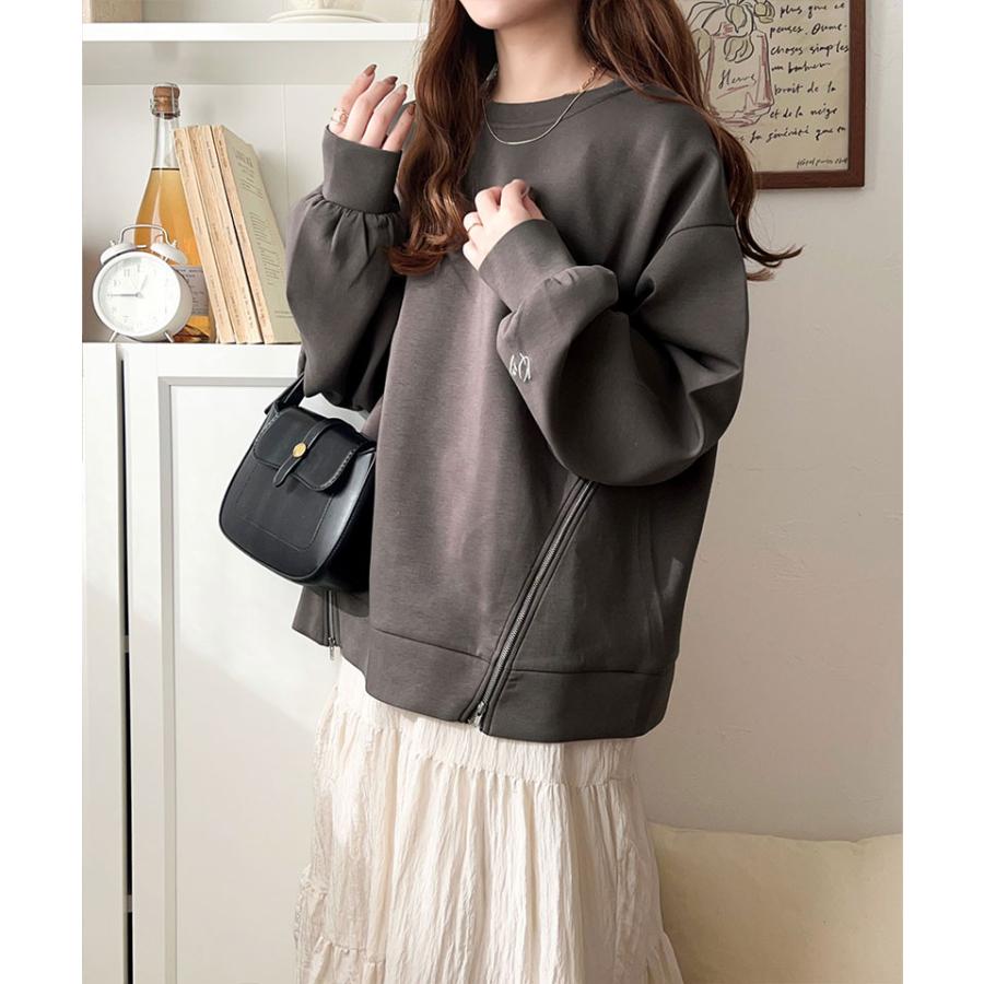 トップス Tシャツ レディース 袖口 ワンポイント 刺繍 アシメ ファスナー ラウンドネック ロンT 長袖 男女兼用 ユニセックス | classicalelf | 15