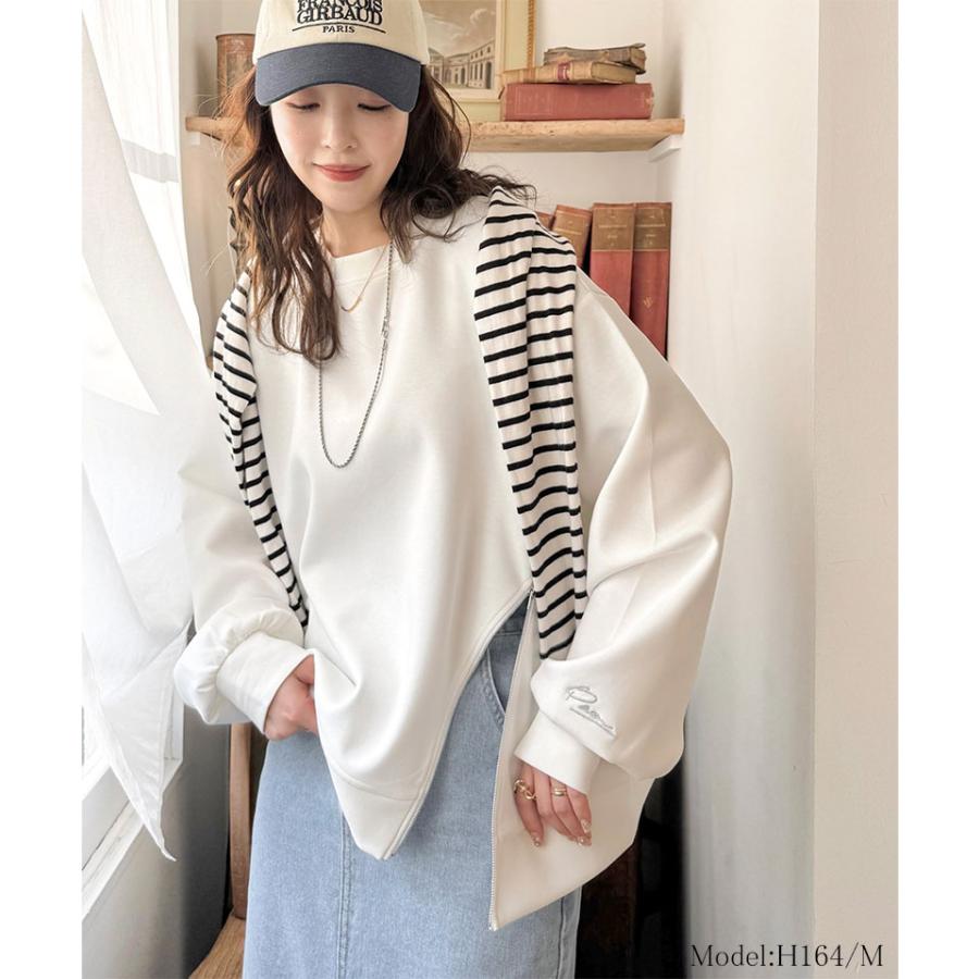 トップス Tシャツ レディース 袖口 ワンポイント 刺繍 アシメ ファスナー ラウンドネック ロンT 長袖 男女兼用 ユニセックス | classicalelf | 02