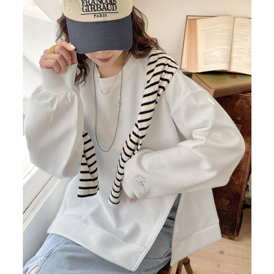 トップス Tシャツ レディース 袖口 ワンポイント 刺繍 アシメ ファスナー ラウンドネック ロンT 長袖 男女兼用 ユニセックス | classicalelf | 03