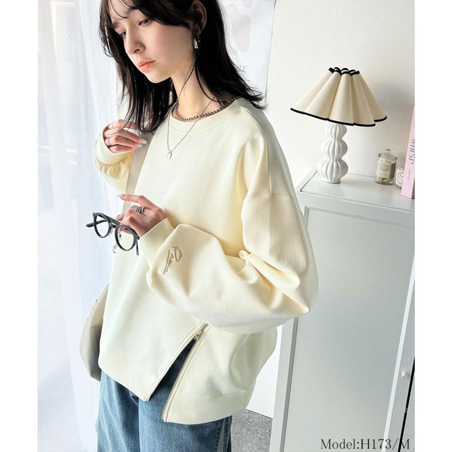 トップス Tシャツ レディース 袖口 ワンポイント 刺繍 アシメ ファスナー ラウンドネック ロンT 長袖 男女兼用 ユニセックス | classicalelf | 06