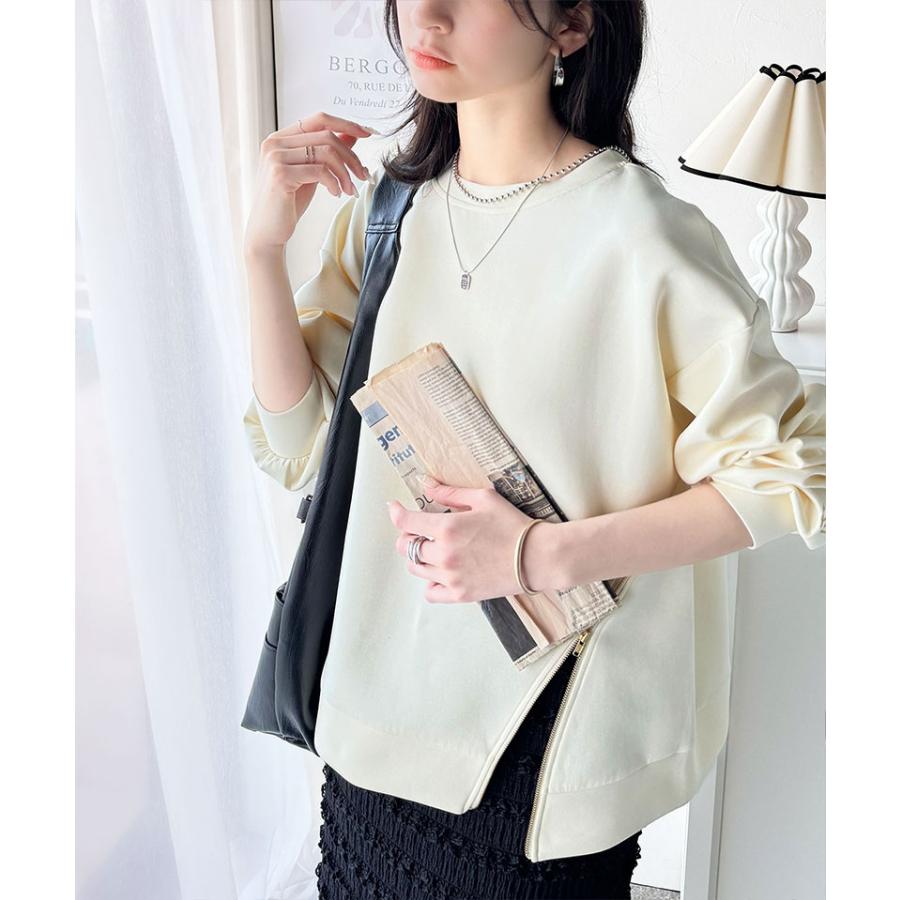 トップス Tシャツ レディース 袖口 ワンポイント 刺繍 アシメ ファスナー ラウンドネック ロンT 長袖 男女兼用 ユニセックス | classicalelf | 07