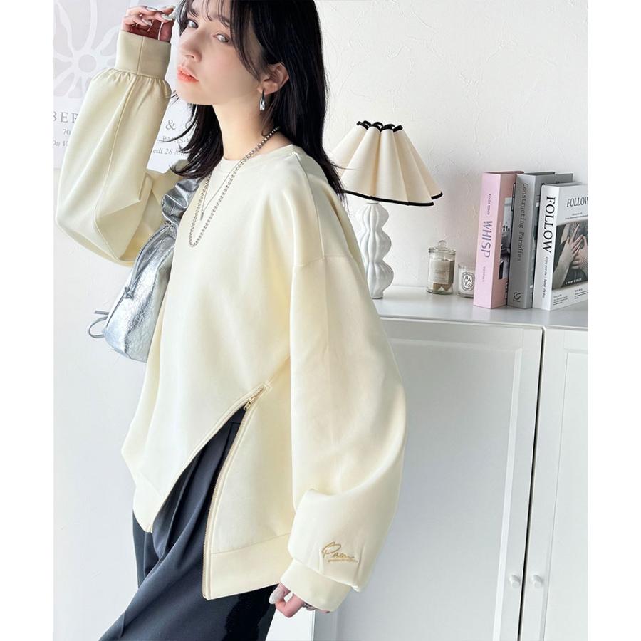 トップス Tシャツ レディース 袖口 ワンポイント 刺繍 アシメ ファスナー ラウンドネック ロンT 長袖 男女兼用 ユニセックス | classicalelf | 09