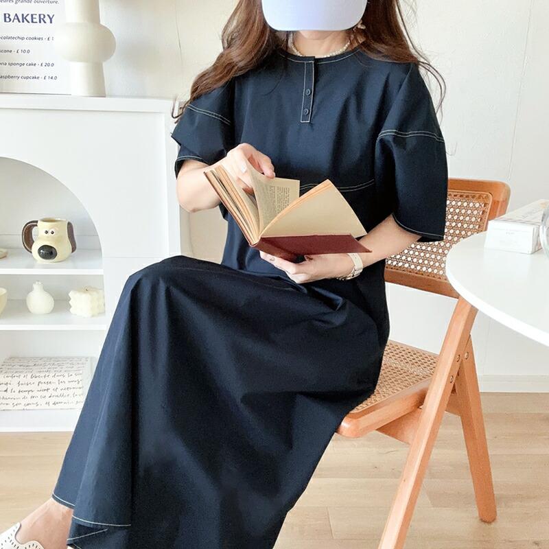 ワンピース レディース 前後 2way 変形 ランタン スリーブ 配色 ステッチ ロングワンピ Aライン レイヤードコーデ 体型カバー | classicalelf