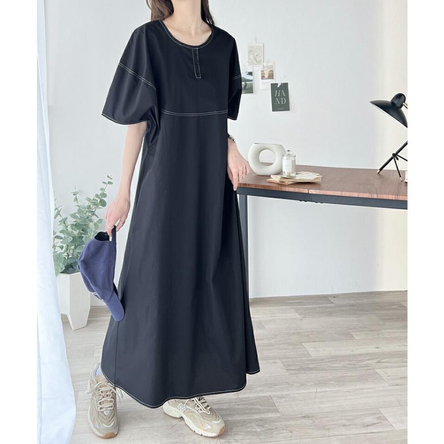 ワンピース レディース 前後 2way 変形 ランタン スリーブ 配色 ステッチ ロングワンピ Aライン レイヤードコーデ 体型カバー | classicalelf | 12