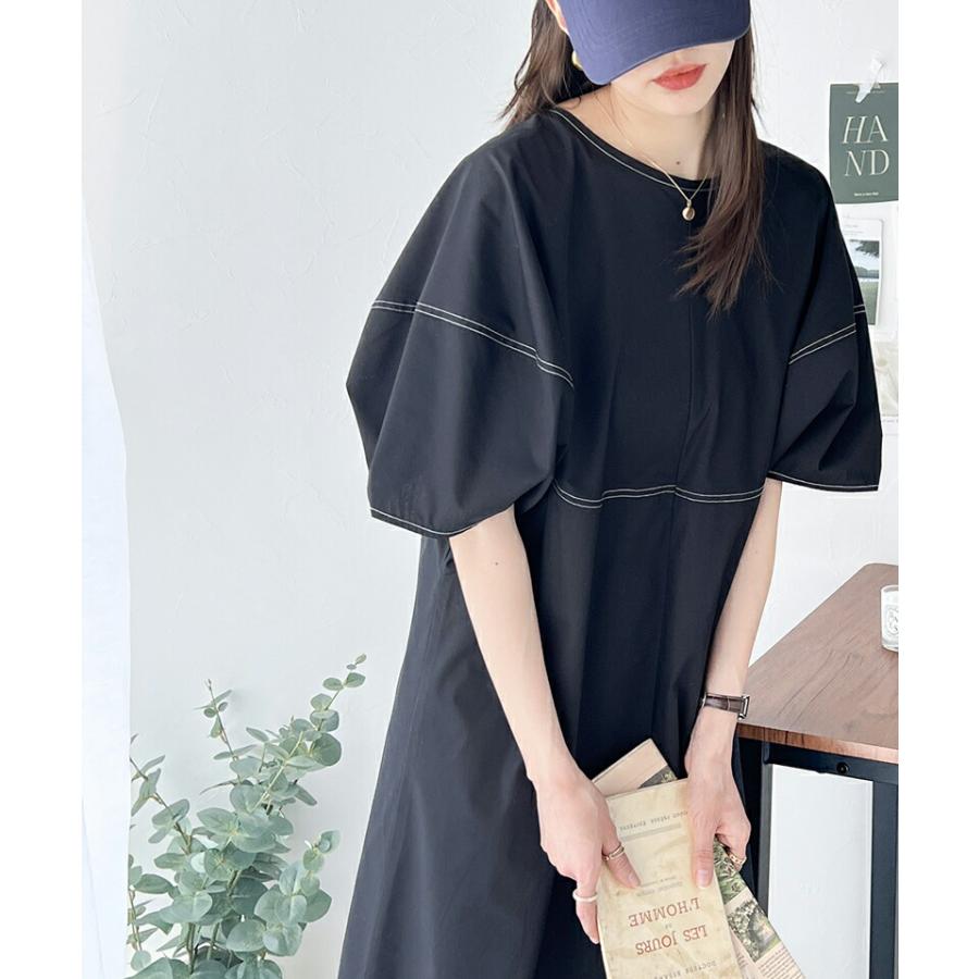 ワンピース レディース 前後 2way 変形 ランタン スリーブ 配色 ステッチ ロングワンピ Aライン レイヤードコーデ 体型カバー | classicalelf | 13