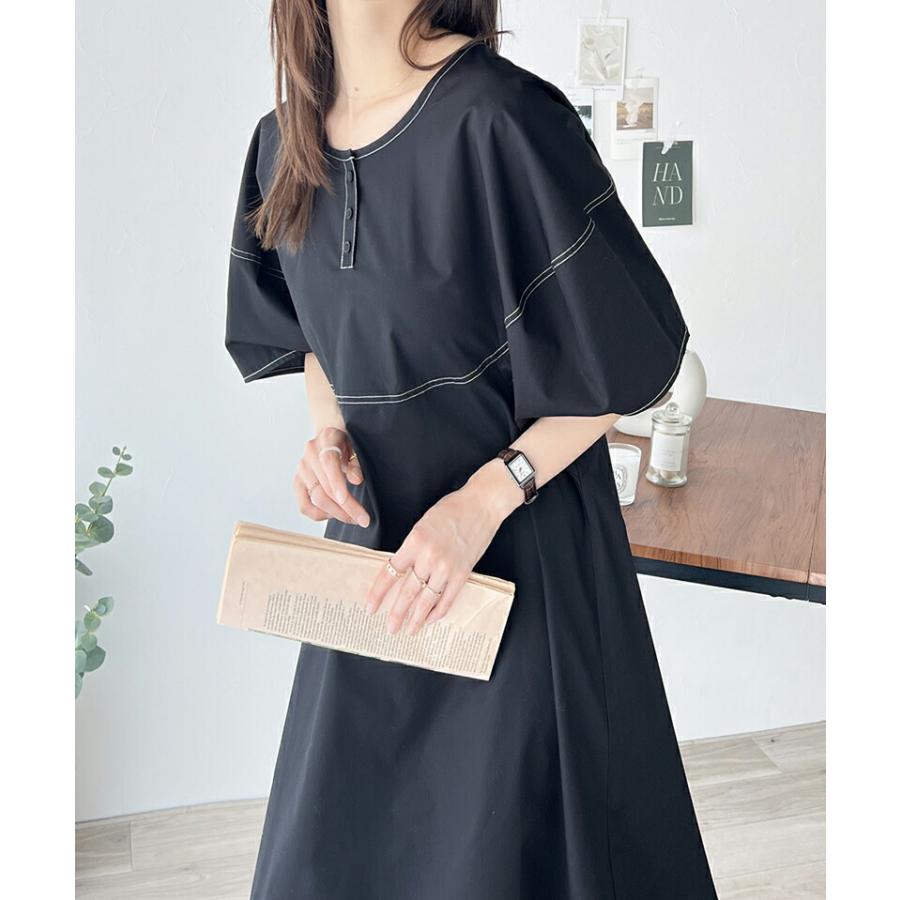 ワンピース レディース 前後 2way 変形 ランタン スリーブ 配色 ステッチ ロングワンピ Aライン レイヤードコーデ 体型カバー | classicalelf | 14