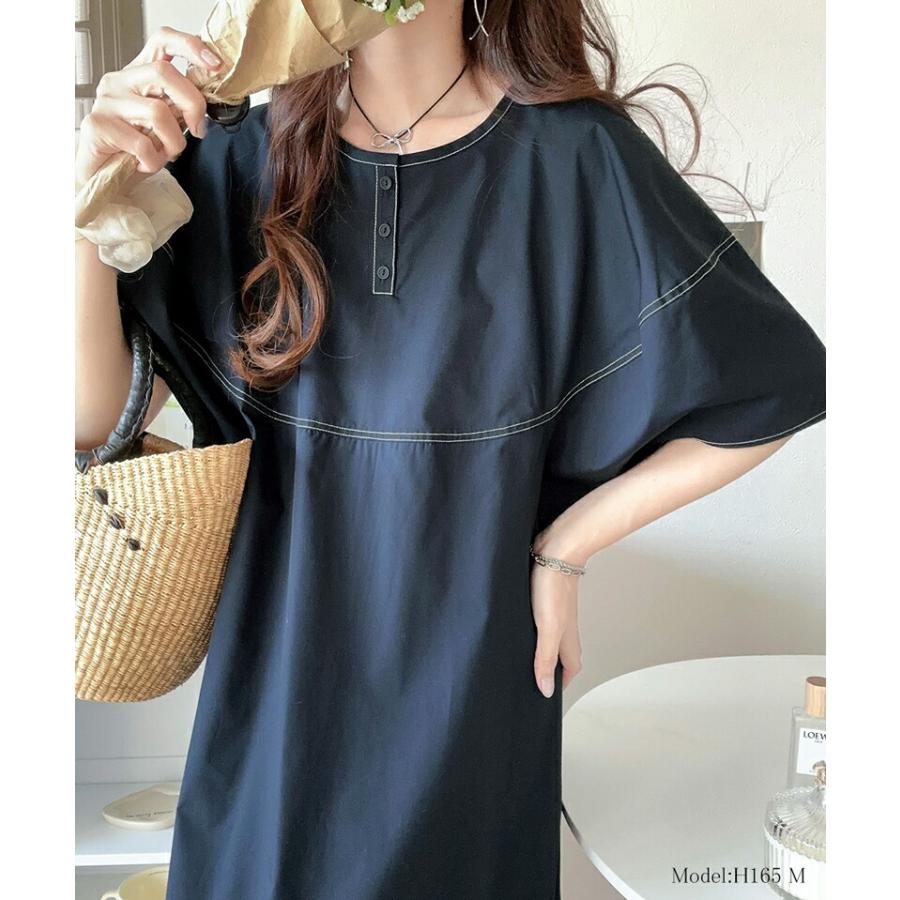 ワンピース レディース 前後 2way 変形 ランタン スリーブ 配色 ステッチ ロングワンピ Aライン レイヤードコーデ 体型カバー | classicalelf | 02