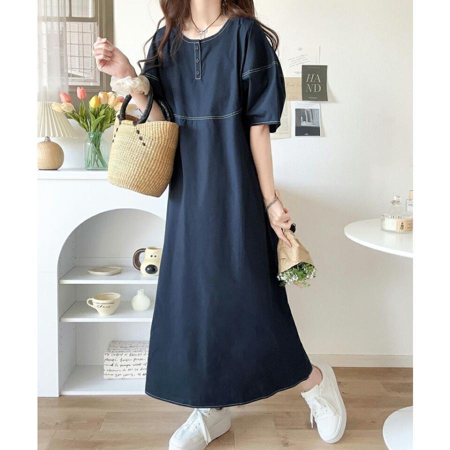 ワンピース レディース 前後 2way 変形 ランタン スリーブ 配色 ステッチ ロングワンピ Aライン レイヤードコーデ 体型カバー | classicalelf | 03