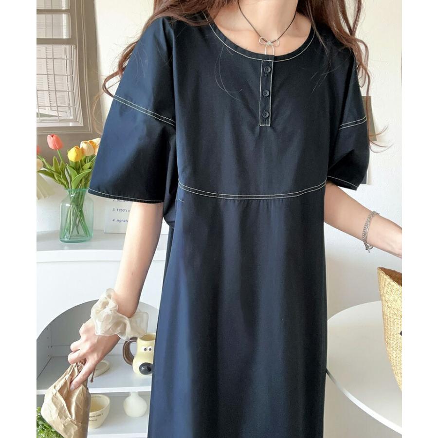 ワンピース レディース 前後 2way 変形 ランタン スリーブ 配色 ステッチ ロングワンピ Aライン レイヤードコーデ 体型カバー | classicalelf | 04