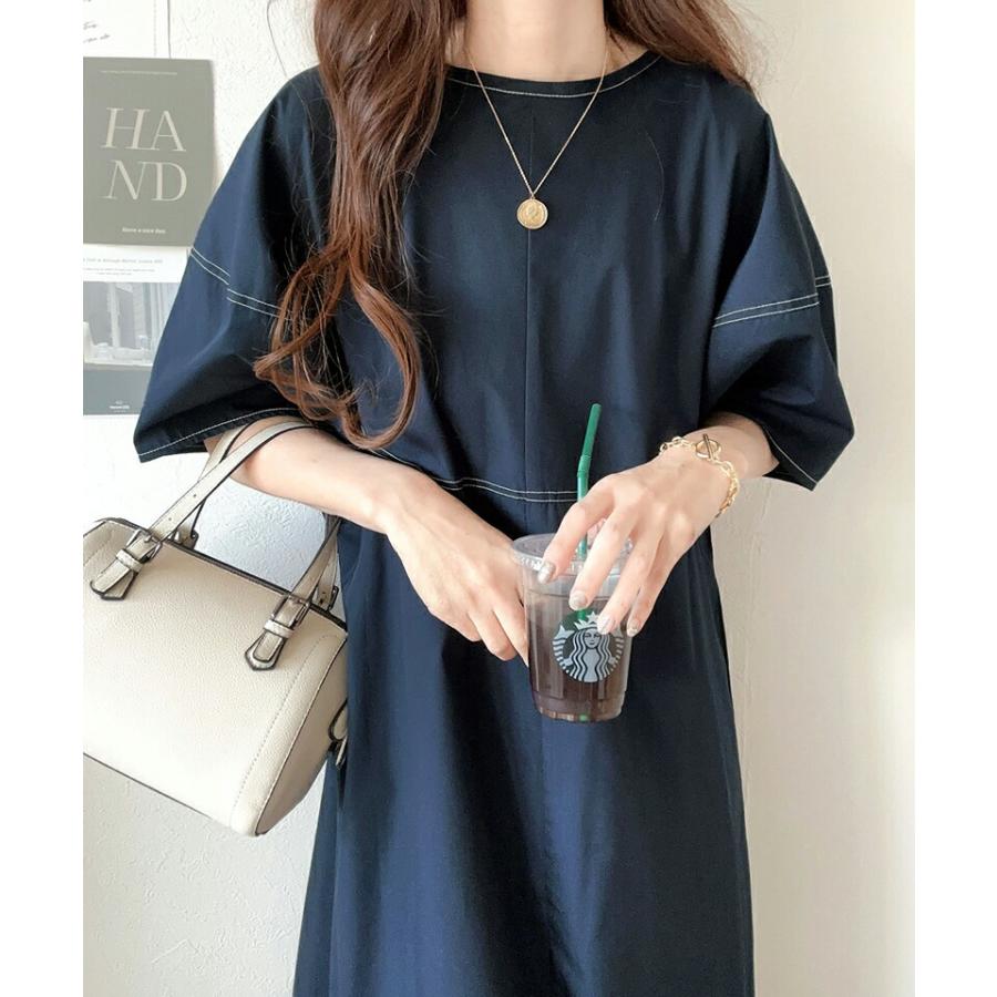 ワンピース レディース 前後 2way 変形 ランタン スリーブ 配色 ステッチ ロングワンピ Aライン レイヤードコーデ 体型カバー | classicalelf | 05