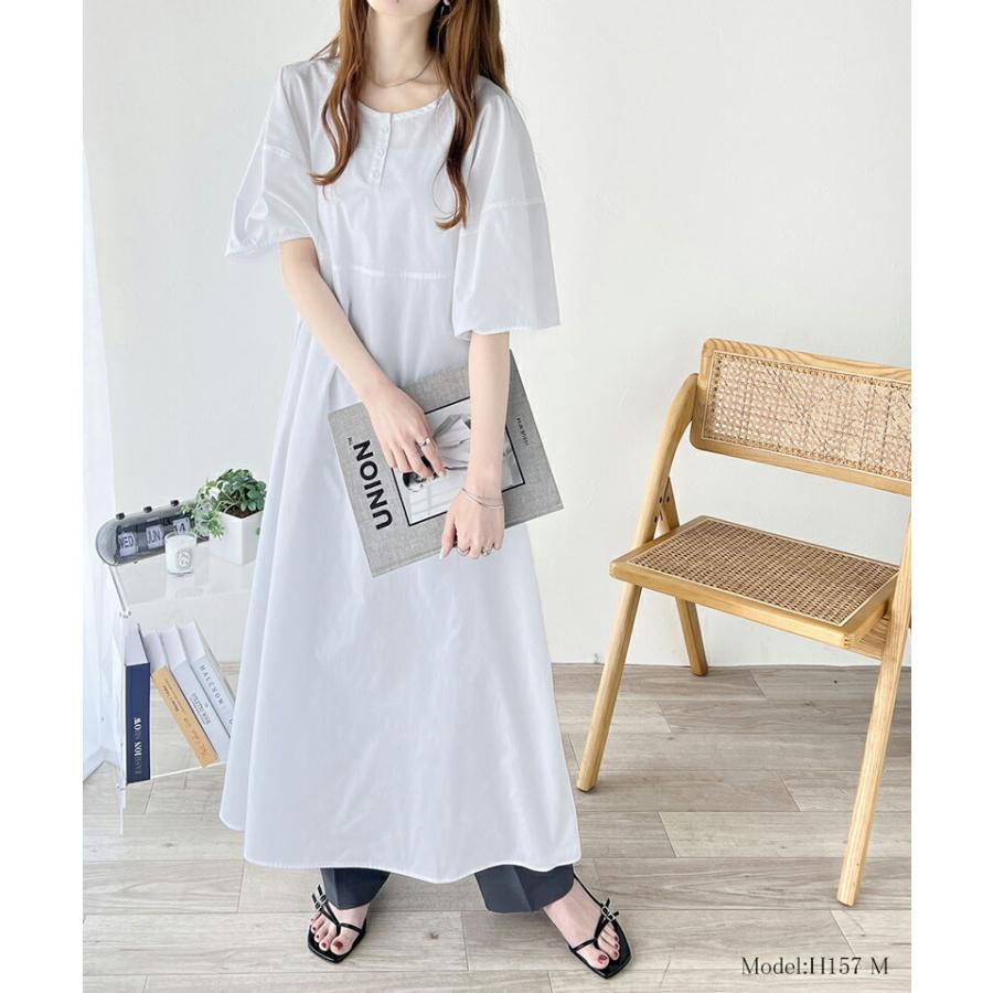 ワンピース レディース 前後 2way 変形 ランタン スリーブ 配色 ステッチ ロングワンピ Aライン レイヤードコーデ 体型カバー | classicalelf | 06