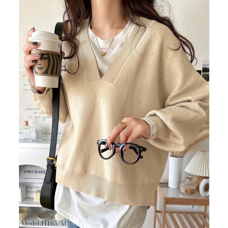 トップス ニット レディース もちもち 深め V ネック ジャガード 編み リブ 切替 セーター 長袖 ゆるっと オーバーサイズ ぽわん袖 | classicalelf | 10