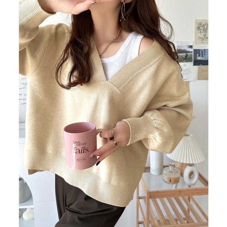 トップス ニット レディース もちもち 深め V ネック ジャガード 編み リブ 切替 セーター 長袖 ゆるっと オーバーサイズ ぽわん袖 | classicalelf | 11