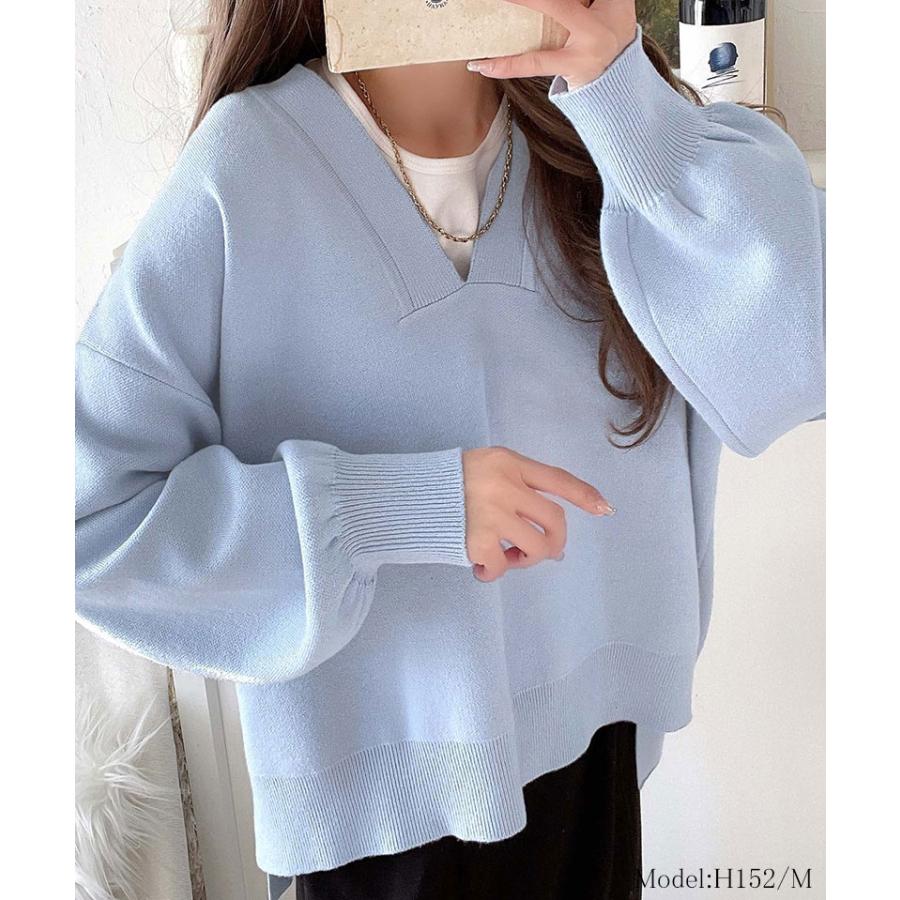 トップス ニット レディース もちもち 深め V ネック ジャガード 編み リブ 切替 セーター 長袖 ゆるっと オーバーサイズ ぽわん袖 | classicalelf | 12