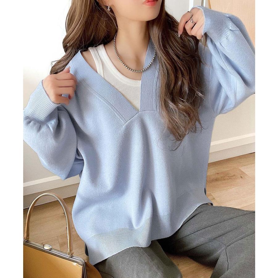 トップス ニット レディース もちもち 深め V ネック ジャガード 編み リブ 切替 セーター 長袖 ゆるっと オーバーサイズ ぽわん袖 | classicalelf | 13