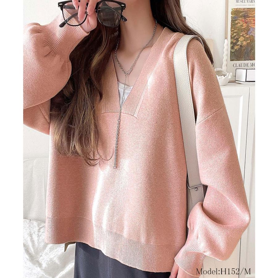 トップス ニット レディース もちもち 深め V ネック ジャガード 編み リブ 切替 セーター 長袖 ゆるっと オーバーサイズ ぽわん袖 | classicalelf | 14