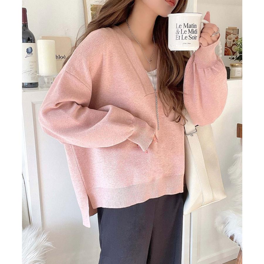 トップス ニット レディース もちもち 深め V ネック ジャガード 編み リブ 切替 セーター 長袖 ゆるっと オーバーサイズ ぽわん袖 | classicalelf | 15