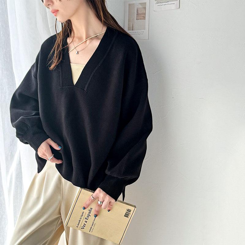 トップス ニット レディース もちもち 深め V ネック ジャガード 編み リブ 切替 セーター 長袖 ゆるっと オーバーサイズ ぽわん袖 | classicalelf | 18