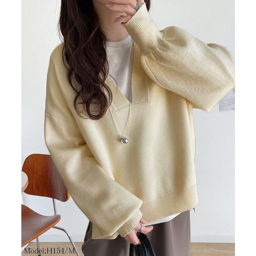 トップス ニット レディース もちもち 深め V ネック ジャガード 編み リブ 切替 セーター 長袖 ゆるっと オーバーサイズ ぽわん袖 | classicalelf | 02