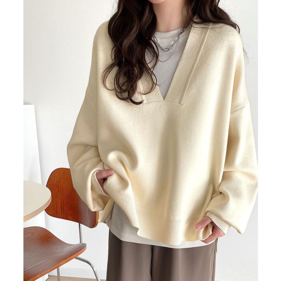 トップス ニット レディース もちもち 深め V ネック ジャガード 編み リブ 切替 セーター 長袖 ゆるっと オーバーサイズ ぽわん袖 | classicalelf | 03