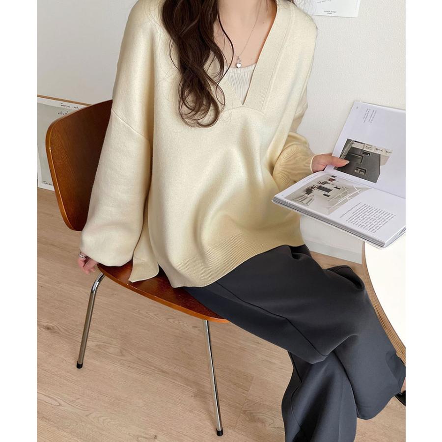 トップス ニット レディース もちもち 深め V ネック ジャガード 編み リブ 切替 セーター 長袖 ゆるっと オーバーサイズ ぽわん袖 | classicalelf | 04