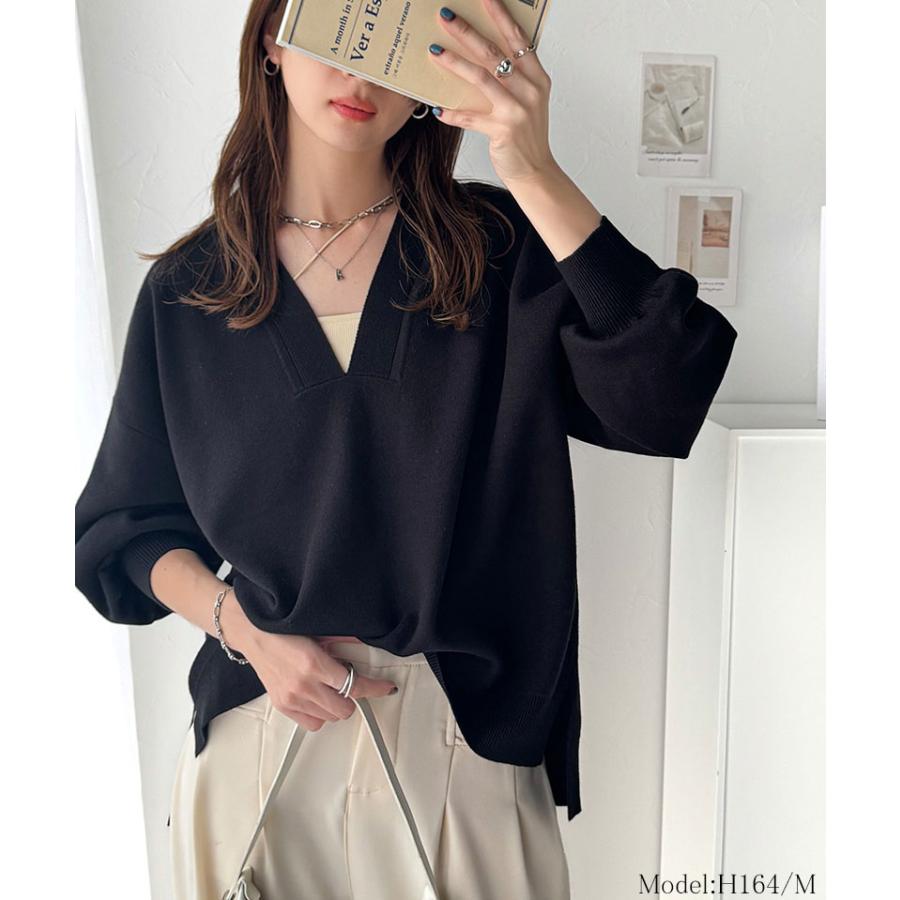 トップス ニット レディース もちもち 深め V ネック ジャガード 編み リブ 切替 セーター 長袖 ゆるっと オーバーサイズ ぽわん袖 | classicalelf | 05