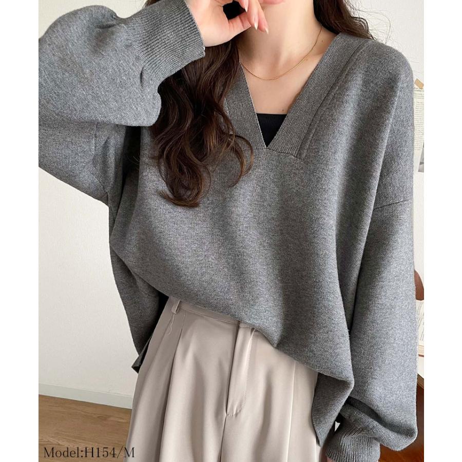 トップス ニット レディース もちもち 深め V ネック ジャガード 編み リブ 切替 セーター 長袖 ゆるっと オーバーサイズ ぽわん袖 | classicalelf | 08
