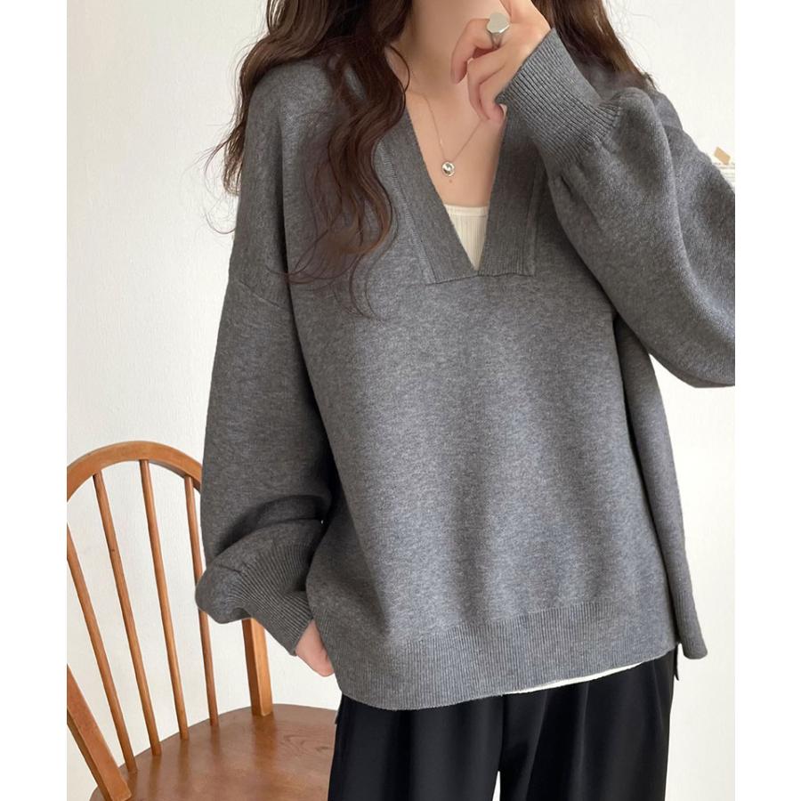 トップス ニット レディース もちもち 深め V ネック ジャガード 編み リブ 切替 セーター 長袖 ゆるっと オーバーサイズ ぽわん袖 | classicalelf | 09