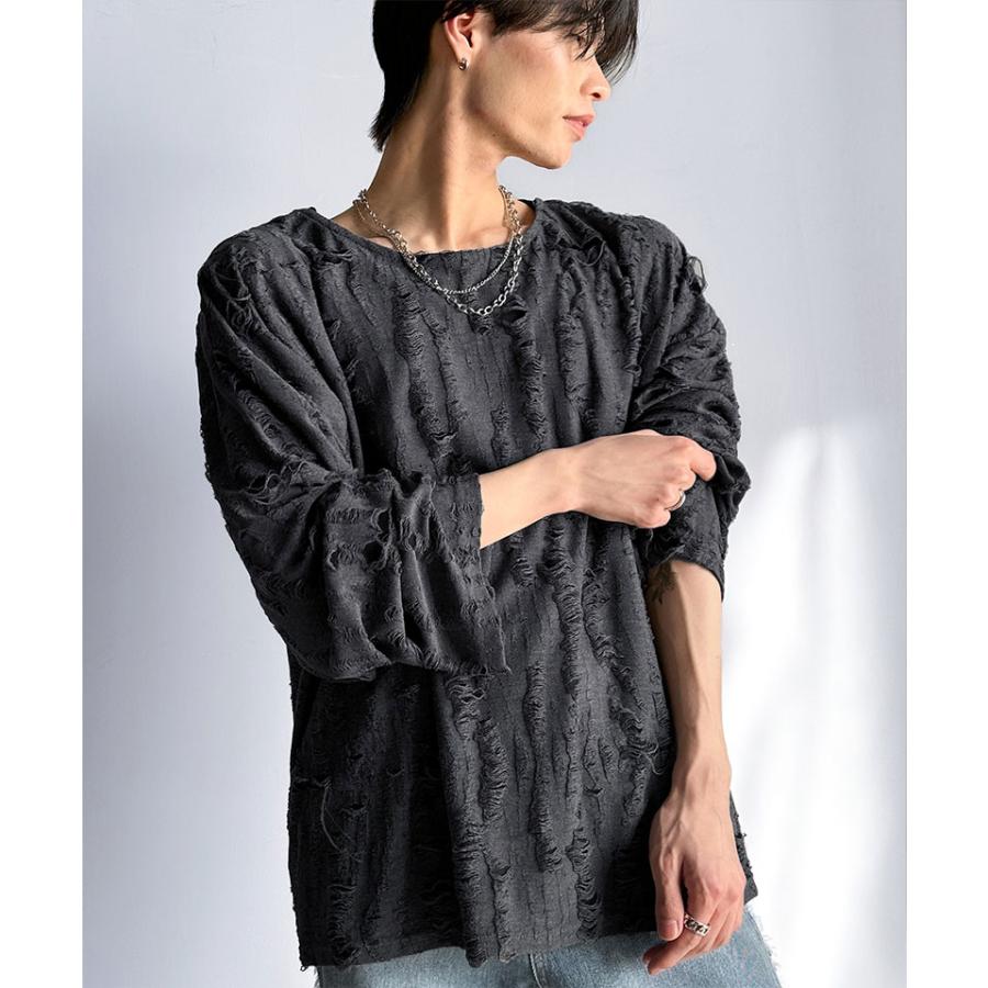 トップス Tシャツ メンズ ダメージ 加工 ビッグ シルエット ジャカード カットソー長袖 男女兼用 ユニセックス レディース ゆるっと オーバーサイズ | classicalelf | 11