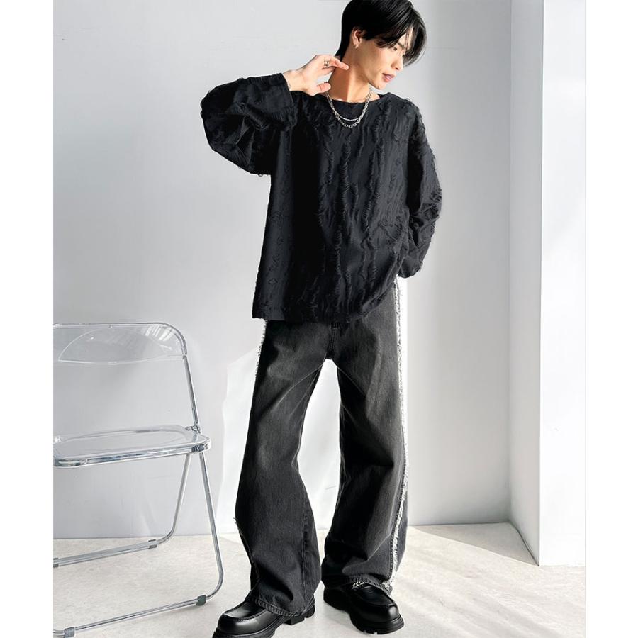 トップス Tシャツ メンズ ダメージ 加工 ビッグ シルエット ジャカード カットソー長袖 男女兼用 ユニセックス レディース ゆるっと オーバーサイズ | classicalelf | 06