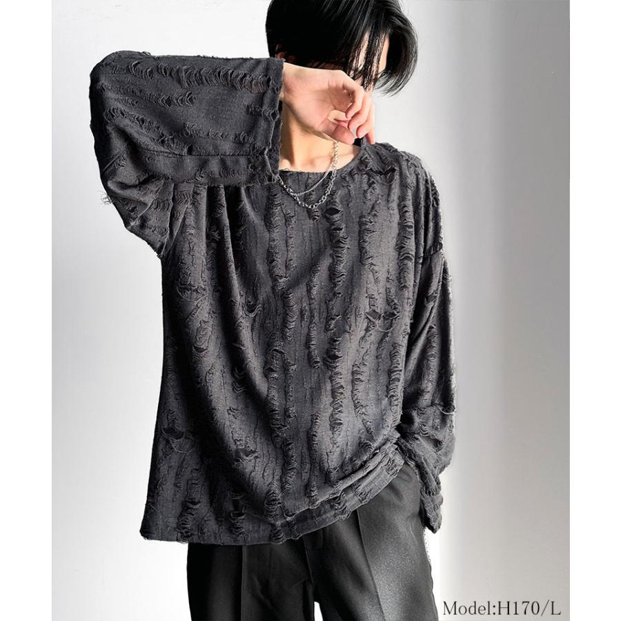 トップス Tシャツ メンズ ダメージ 加工 ビッグ シルエット ジャカード カットソー長袖 男女兼用 ユニセックス レディース ゆるっと オーバーサイズ | classicalelf | 08