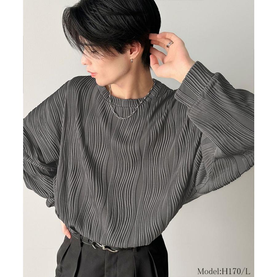 トップス Tシャツ メンズ ゆるっと オーバーサイズ ウェーブ 柄 ジャガード 素材 長袖 プルオーバー ドロップショルダー モモンガ袖 大きいサイズ | classicalelf | 10