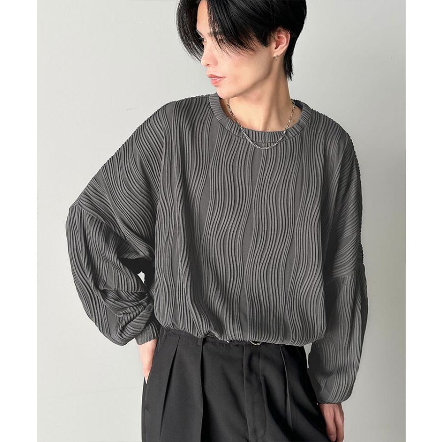 トップス Tシャツ メンズ ゆるっと オーバーサイズ ウェーブ 柄 ジャガード 素材 長袖 プルオーバー ドロップショルダー モモンガ袖 大きいサイズ | classicalelf | 11