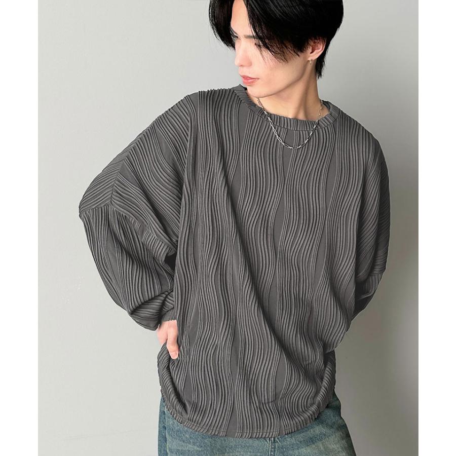 トップス Tシャツ メンズ ゆるっと オーバーサイズ ウェーブ 柄 ジャガード 素材 長袖 プルオーバー ドロップショルダー モモンガ袖 大きいサイズ | classicalelf | 12