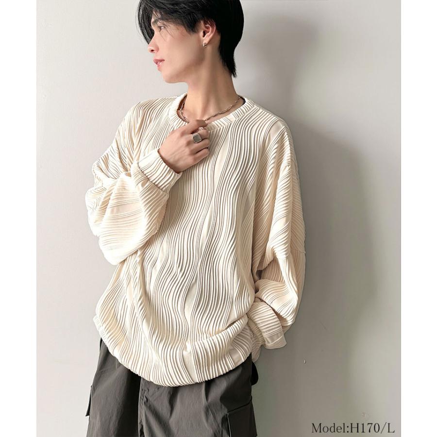 トップス Tシャツ メンズ ゆるっと オーバーサイズ ウェーブ 柄 ジャガード 素材 長袖 プルオーバー ドロップショルダー モモンガ袖 大きいサイズ | classicalelf | 13