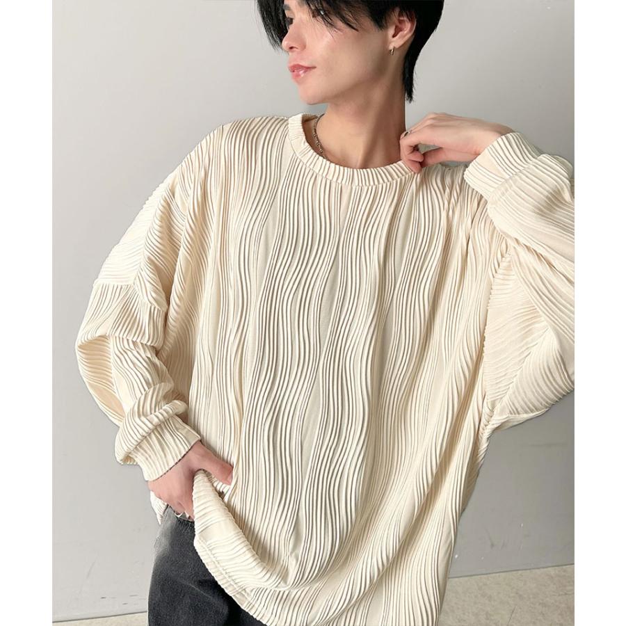 トップス Tシャツ メンズ ゆるっと オーバーサイズ ウェーブ 柄 ジャガード 素材 長袖 プルオーバー ドロップショルダー モモンガ袖 大きいサイズ | classicalelf | 14