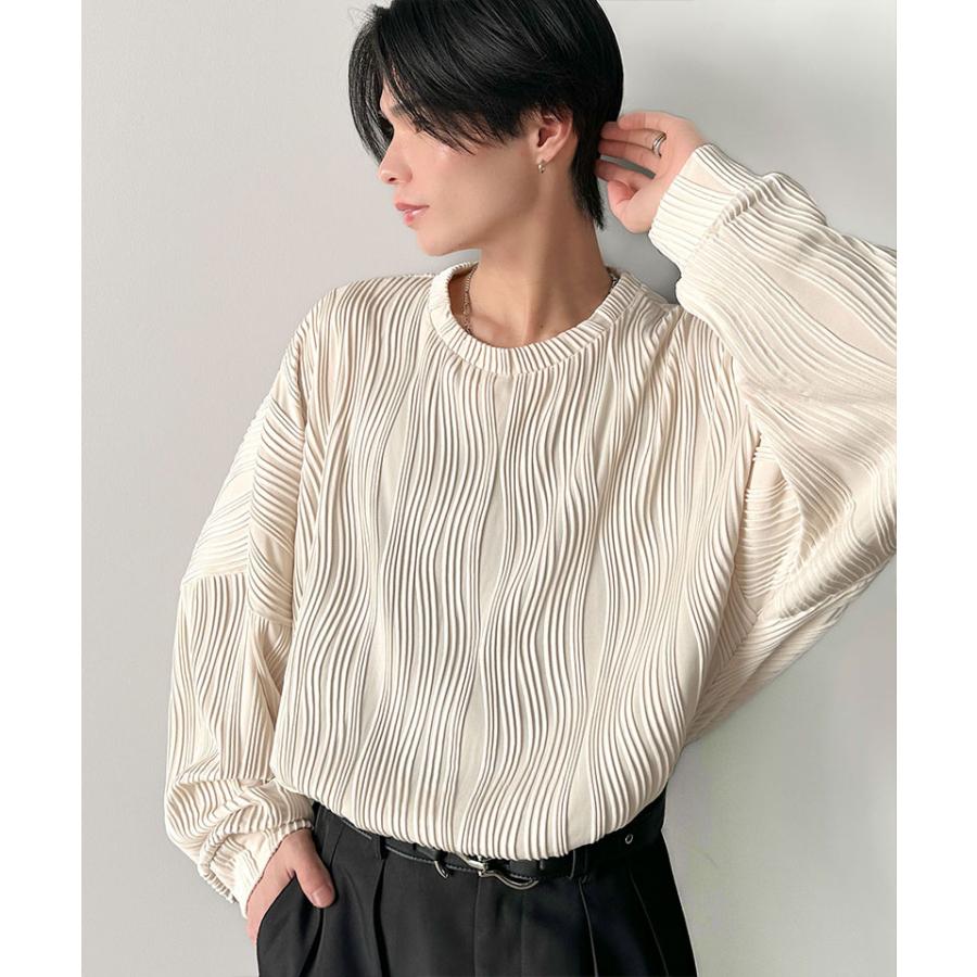 トップス Tシャツ メンズ ゆるっと オーバーサイズ ウェーブ 柄 ジャガード 素材 長袖 プルオーバー ドロップショルダー モモンガ袖 大きいサイズ | classicalelf | 15