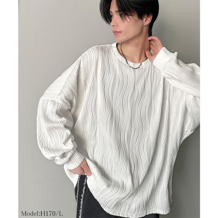 トップス Tシャツ メンズ ゆるっと オーバーサイズ ウェーブ 柄 ジャガード 素材 長袖 プルオーバー ドロップショルダー モモンガ袖 大きいサイズ | classicalelf | 02