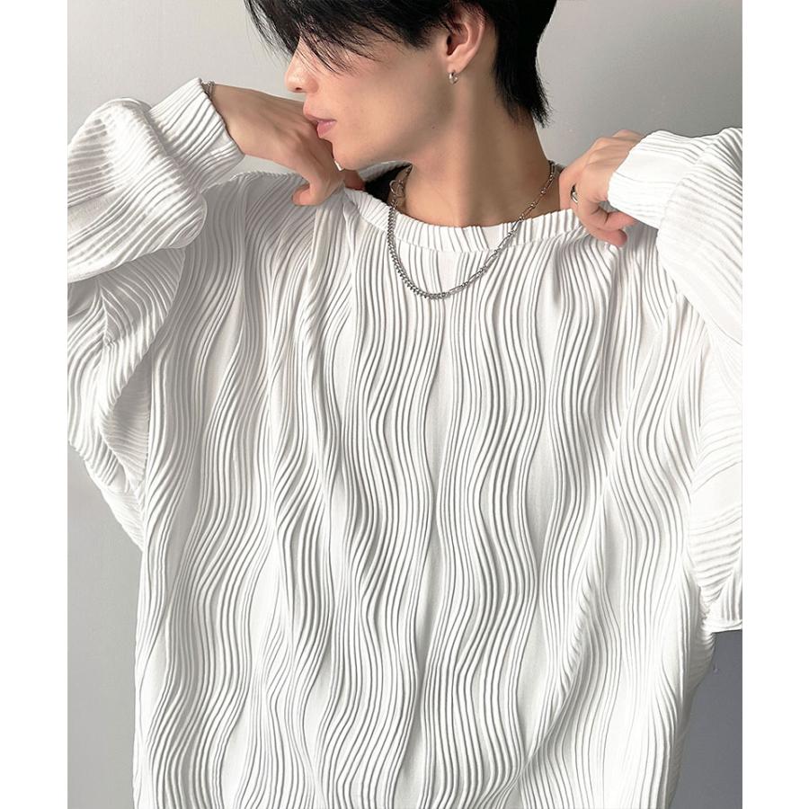 トップス Tシャツ メンズ ゆるっと オーバーサイズ ウェーブ 柄 ジャガード 素材 長袖 プルオーバー ドロップショルダー モモンガ袖 大きいサイズ | classicalelf | 03