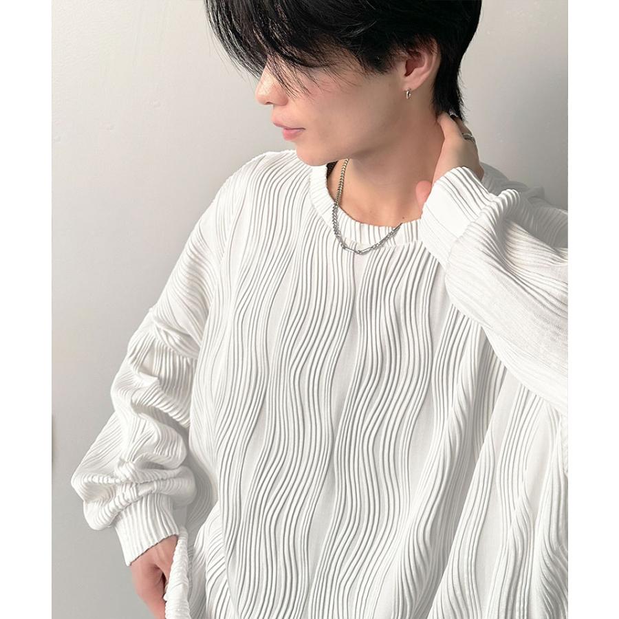 トップス Tシャツ メンズ ゆるっと オーバーサイズ ウェーブ 柄 ジャガード 素材 長袖 プルオーバー ドロップショルダー モモンガ袖 大きいサイズ | classicalelf | 04