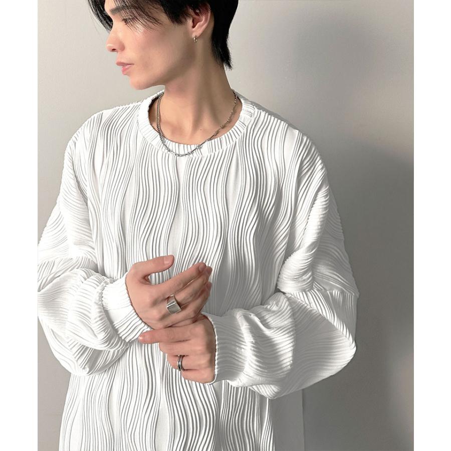 トップス Tシャツ メンズ ゆるっと オーバーサイズ ウェーブ 柄 ジャガード 素材 長袖 プルオーバー ドロップショルダー モモンガ袖 大きいサイズ | classicalelf | 05