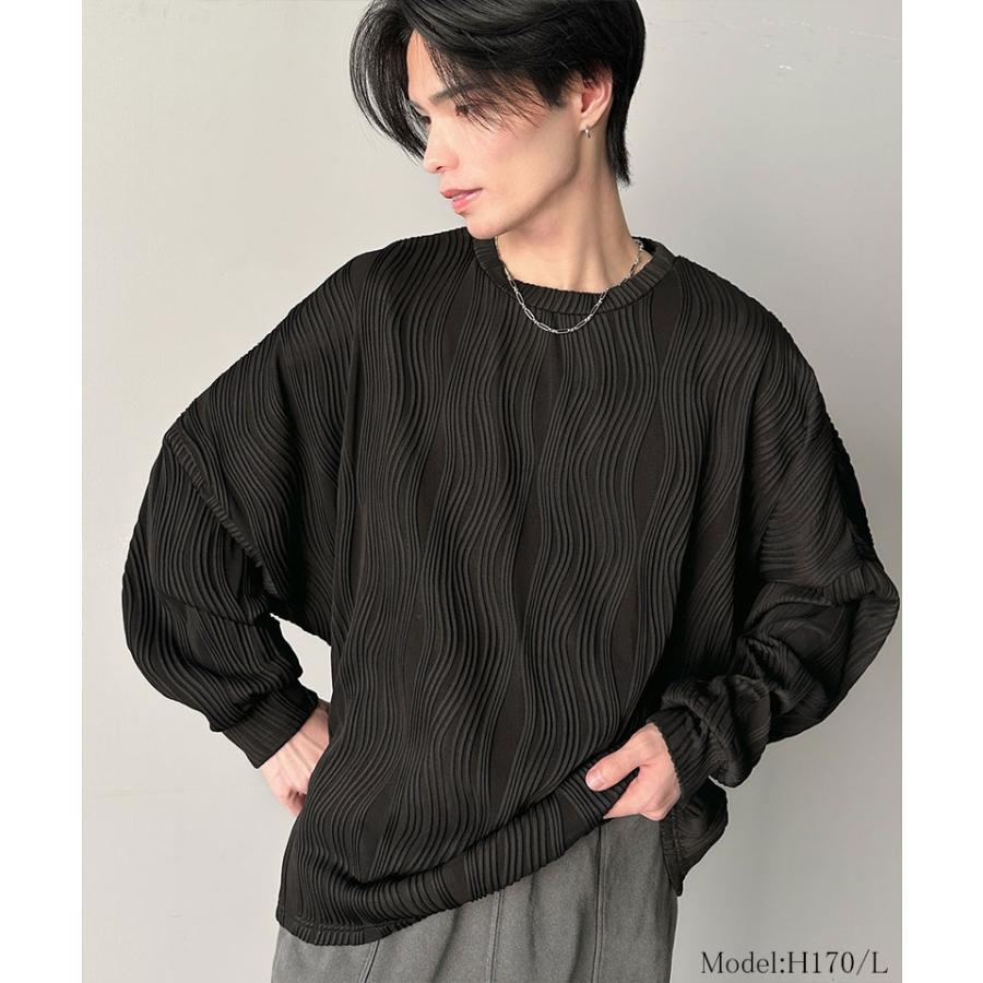 トップス Tシャツ メンズ ゆるっと オーバーサイズ ウェーブ 柄 ジャガード 素材 長袖 プルオーバー ドロップショルダー モモンガ袖 大きいサイズ | classicalelf | 06