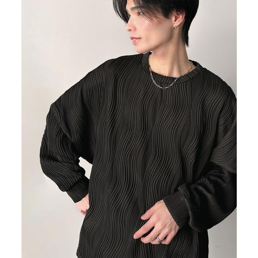 トップス Tシャツ メンズ ゆるっと オーバーサイズ ウェーブ 柄 ジャガード 素材 長袖 プルオーバー ドロップショルダー モモンガ袖 大きいサイズ | classicalelf | 07