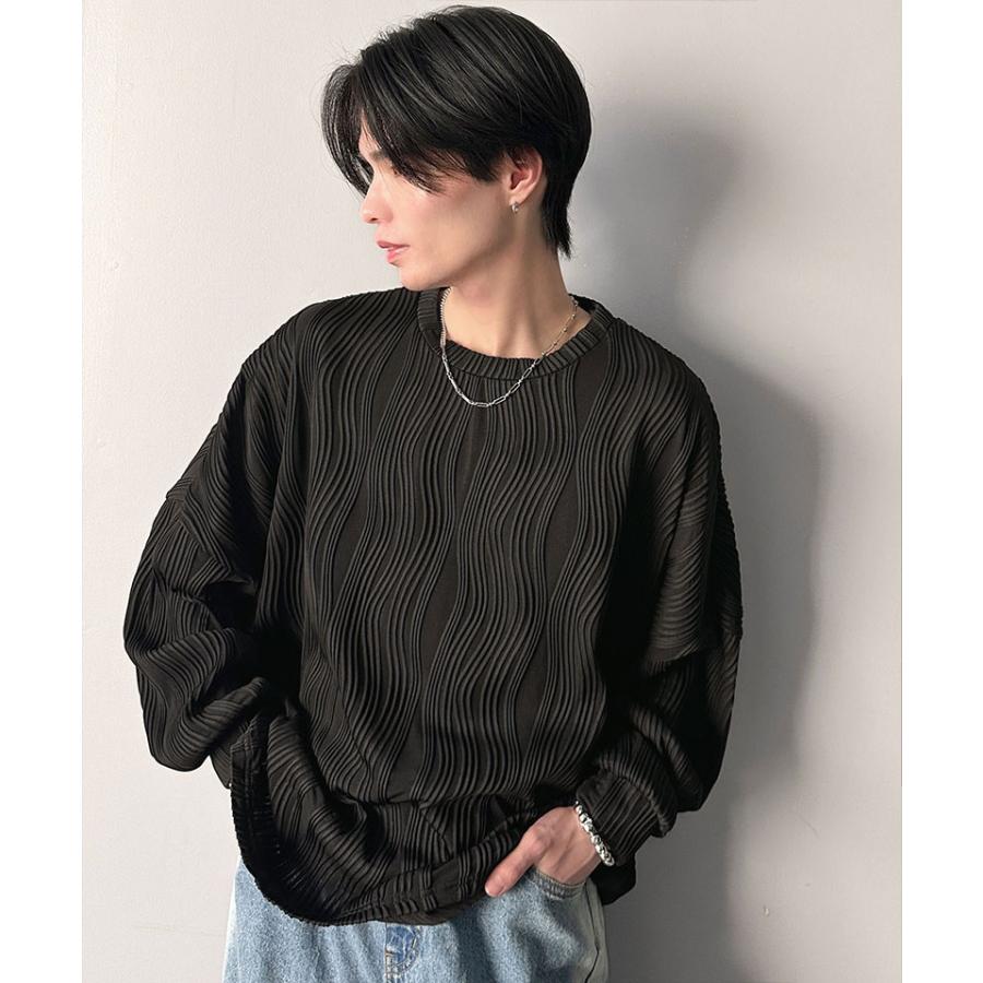 トップス Tシャツ メンズ ゆるっと オーバーサイズ ウェーブ 柄 ジャガード 素材 長袖 プルオーバー ドロップショルダー モモンガ袖 大きいサイズ | classicalelf | 08