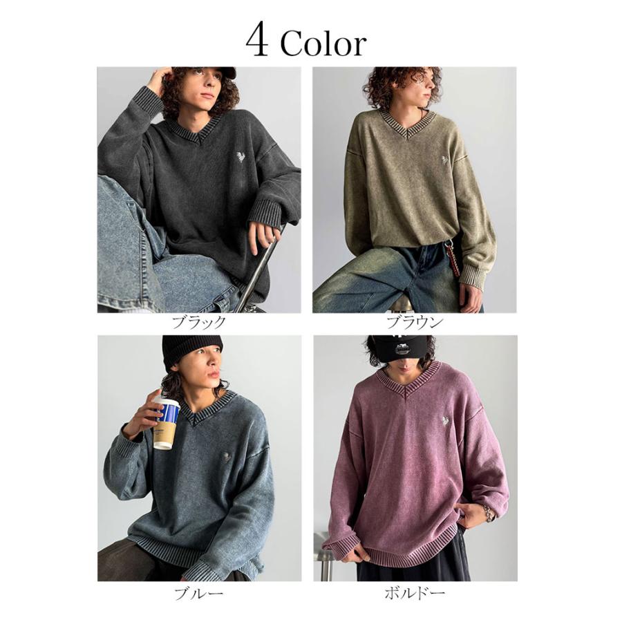 【Classical Origin】 ニット セーター メンズ ブランド トップス Vネックセーター オーバーサイズ ピグメント加工 綿100％ 抜け感 刺繍 ルーズ 自然体 | classicalelf | 01