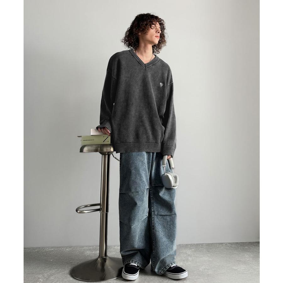【Classical Origin】 ニット セーター メンズ ブランド トップス Vネックセーター オーバーサイズ ピグメント加工 綿100％ 抜け感 刺繍 ルーズ 自然体 | classicalelf | 04