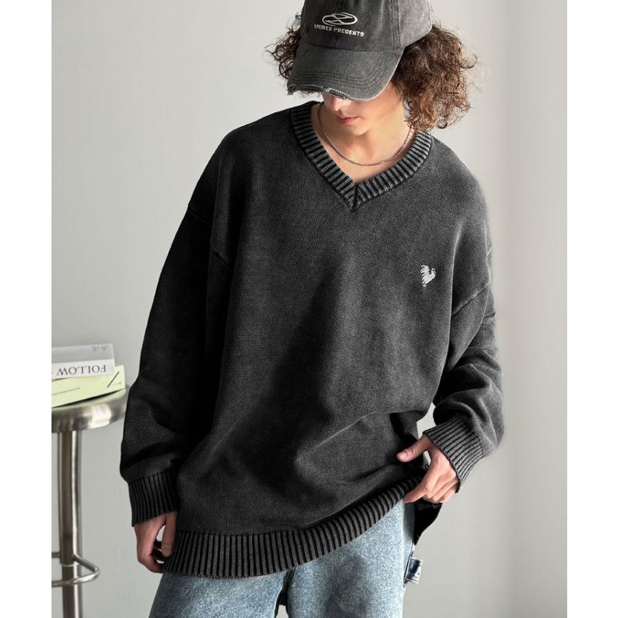 【Classical Origin】 ニット セーター メンズ ブランド トップス Vネックセーター オーバーサイズ ピグメント加工 綿100％ 抜け感 刺繍 ルーズ 自然体 | classicalelf | 05